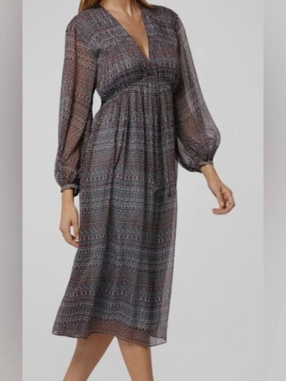 JOIE Alquina Silk Chiffon Midi Long Sleeve Dress Size S